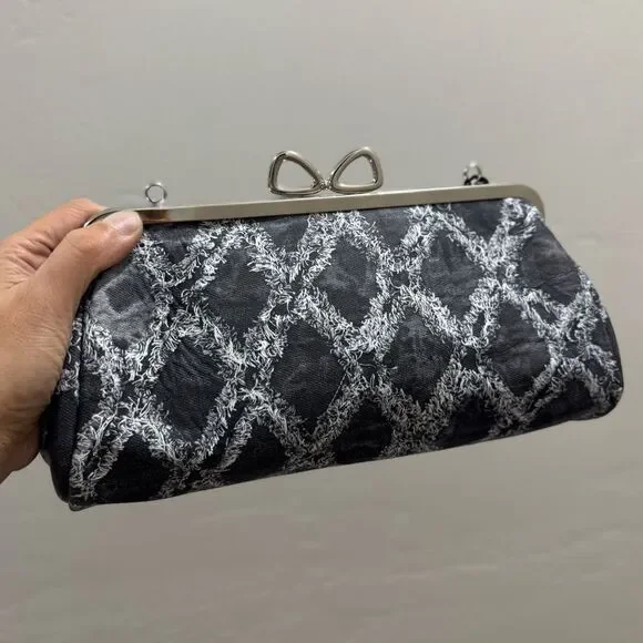 Genuine Leather Denim Quilted Pattern, Handmade Unique Bow Kisslock Baguette Bag